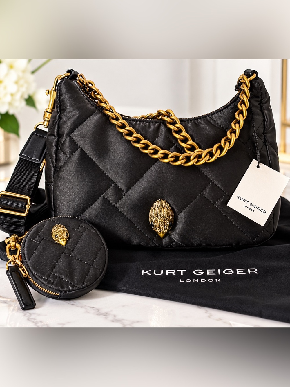 NWT Kurt Geiger London Black Quilted Hobo Bag Coin Pouch Gold Chain